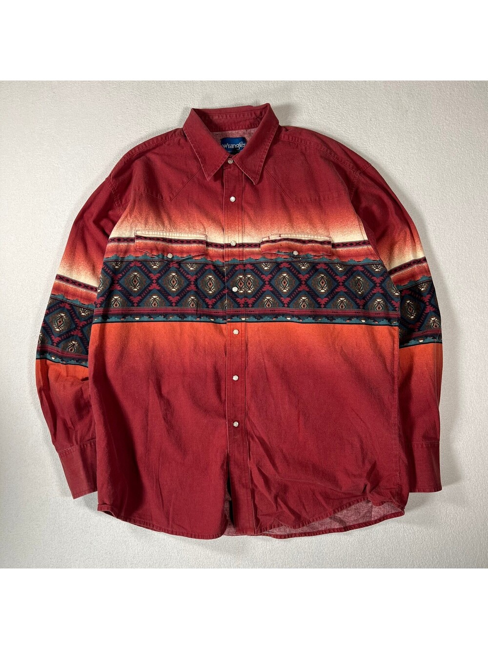 Vintage Wrangler Western Brushopper Pearl Snap Shirt Red Ombre Aztec Print XL